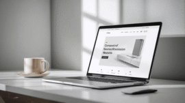 Espaço de trabalho minimalista com um laptop elegante exibindo um design moderno de website em branco, luz suave e tons neutros. www.indideas.com