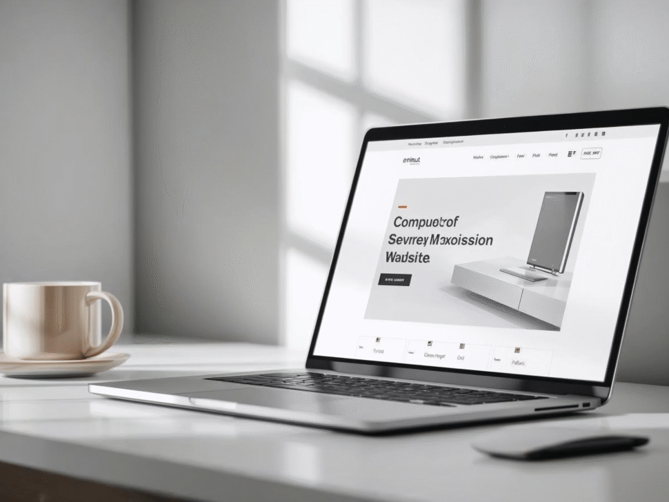 Espaço de trabalho minimalista com um laptop elegante exibindo um design moderno de website em branco, luz suave e tons neutros. www.indideas.com